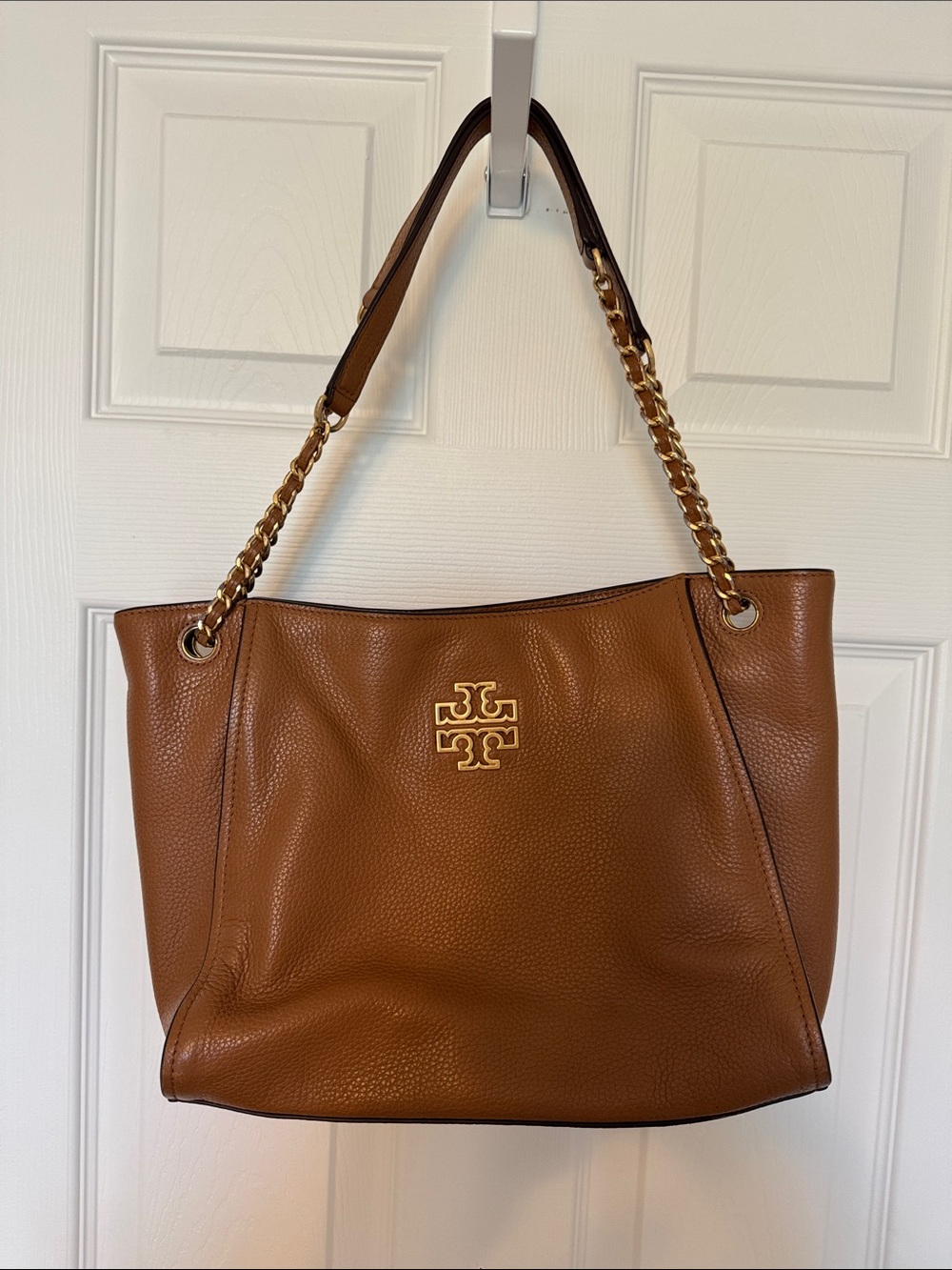 Tory Burch Cognac Pebbled Leather Chain-Strap Tote